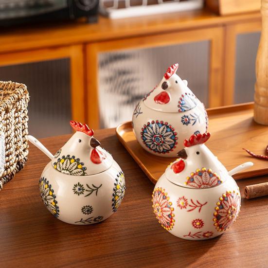 Ceramic Spice Jar 400ml Rooster Shape Cookie Jar with Lid Hand-Painted Floral Pattern Kitchen Container for Salt Sugar Pepper And Snacks Storage