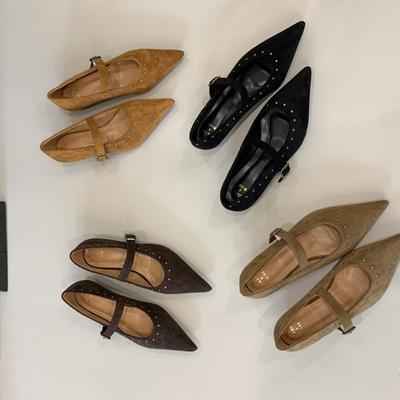 2025 New Pointed One-word with Suede Rivets, Shallow Mouth, Short Thick Heel, Versatile OL Fashion Women's Single Shoes