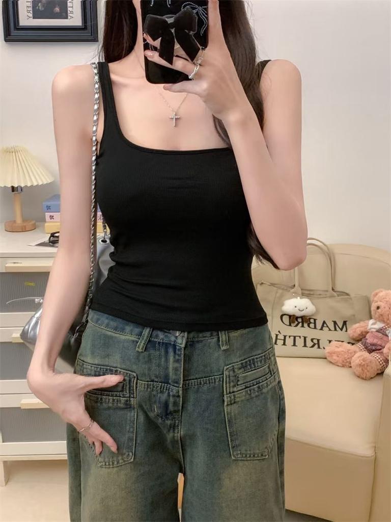 #Human cotton versatile model, small square collar integrated cup vest, polished and slim, versatile sling base, Korean A