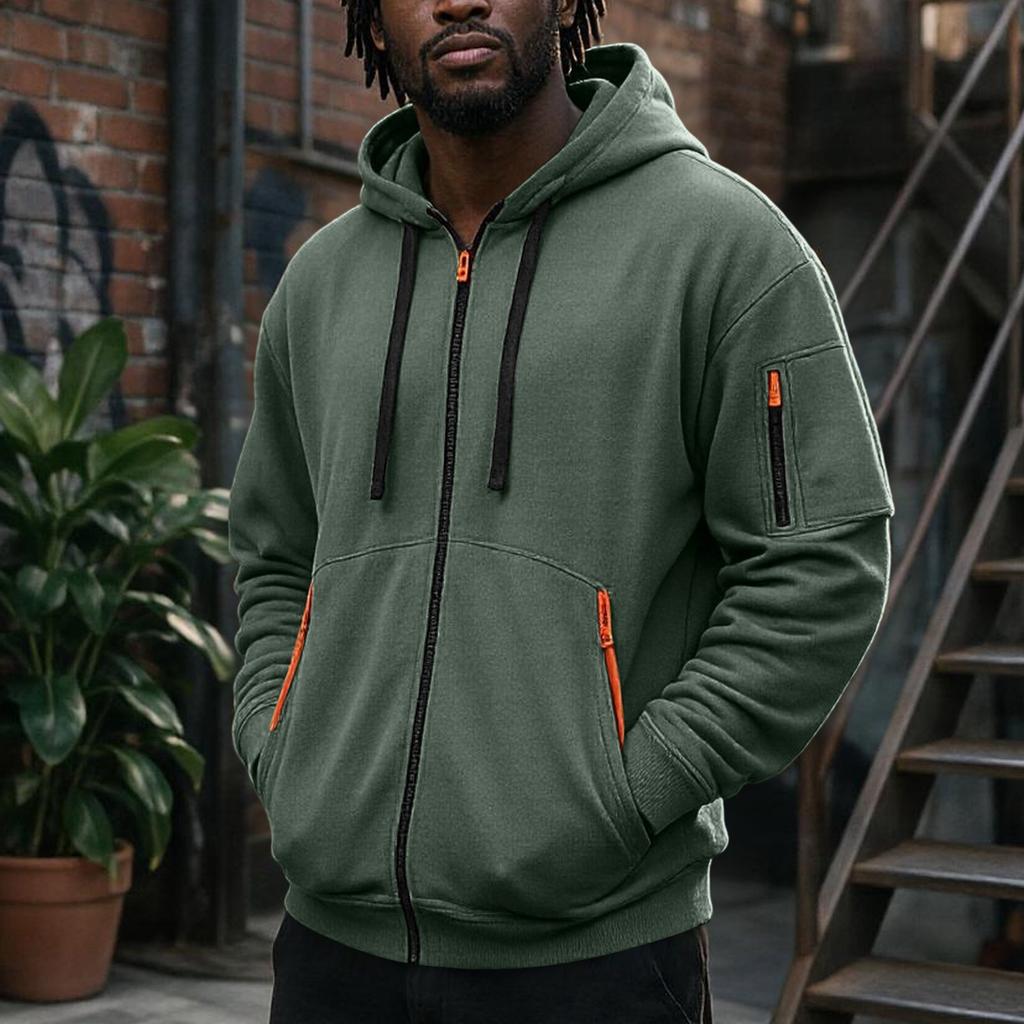 Men's Zip-Up Hooded Jacket with Multiple Pockets Athletic Casual Top for Daily Wear