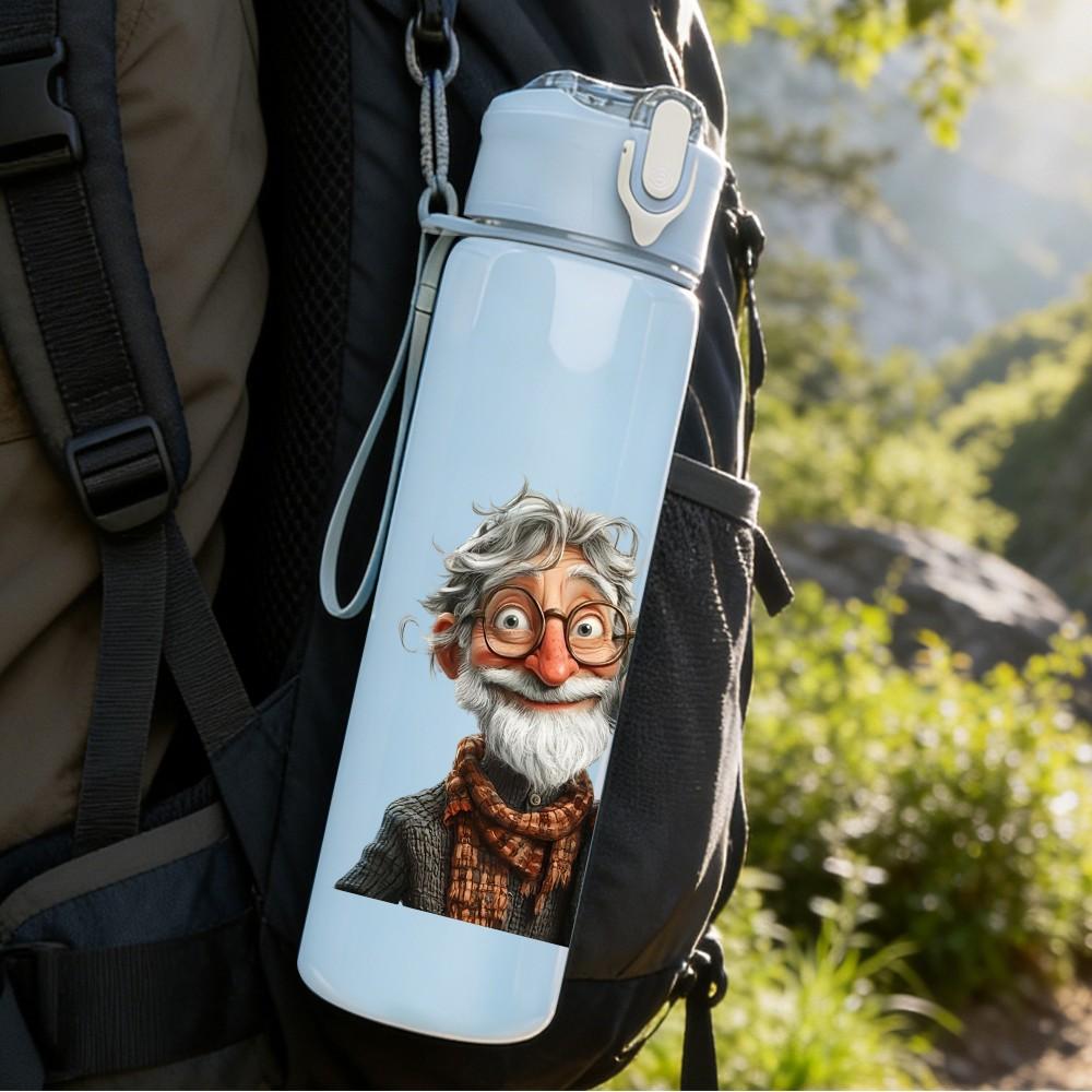 1PC Elderly Old Couple Portrait Pattern 750ml Color Plastic Sports Water Bottle Leakproof Flip Straw Lid Suitable for Sports Office Home Use
