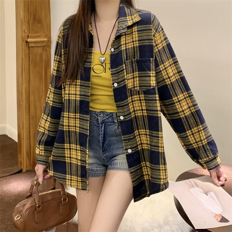 1116 New Spring and Autumn Design Plaid Shirt Jacket Women's New Loose Casual Meat Cover Medium and Long Shirt