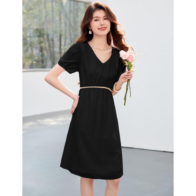 Sanpowa Women's V-Neck Midi Dress with Fitted Waist
