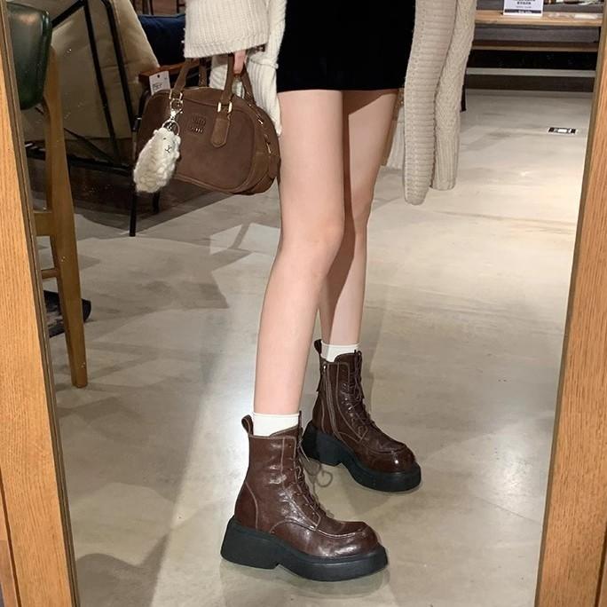 Shoe Shrinkage Horse Leather Height Raised Coarse Heel Platform Sole Lace-Up Side Zipper Martin Boots