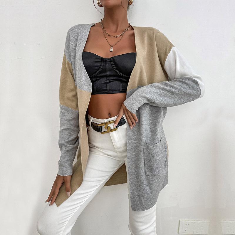 Temperament and Elegance Outer Wear Autumn and Winter Fashion Knitted Long-sleeved Colorblocked Sweater Cardigan Women