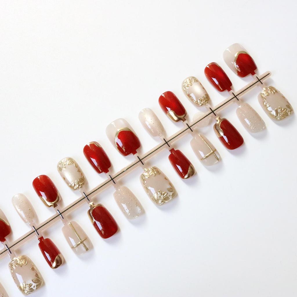 New Year Ruby Cat's Eye Ice Translucent Nails with Gold Flower Design
