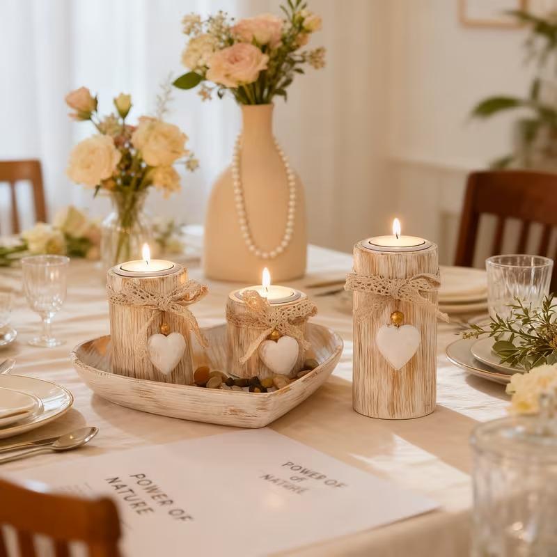 4pcs Wooden Candle Holder Set with Heart-Shaped Trays Rustic Farmhouse Decor Valentine's Day Gift Candle Home Table Decorations