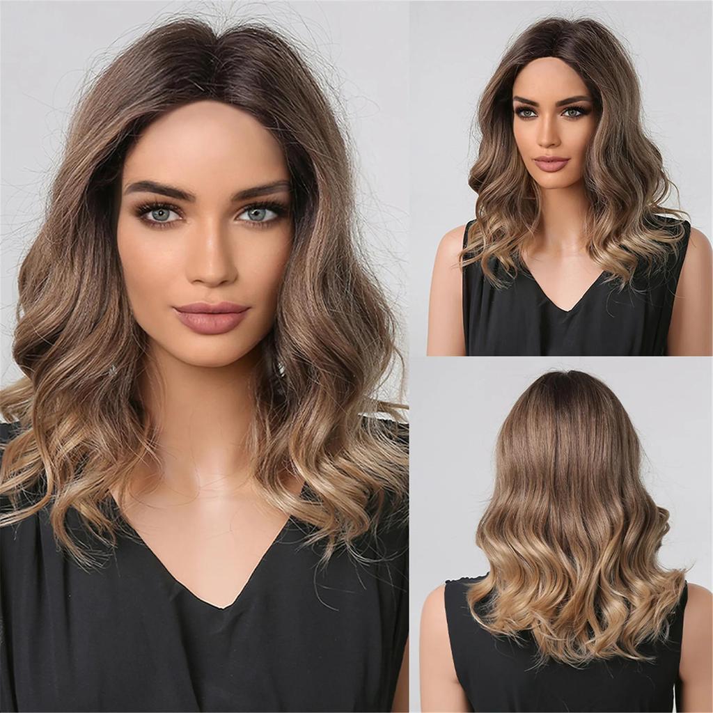 ALAN EATON Omber Brown Wavy  Layered Synthetic Wigs with Curtain Bangs Long Wave Wigs for Women Daily Use Heat Resistant Hair