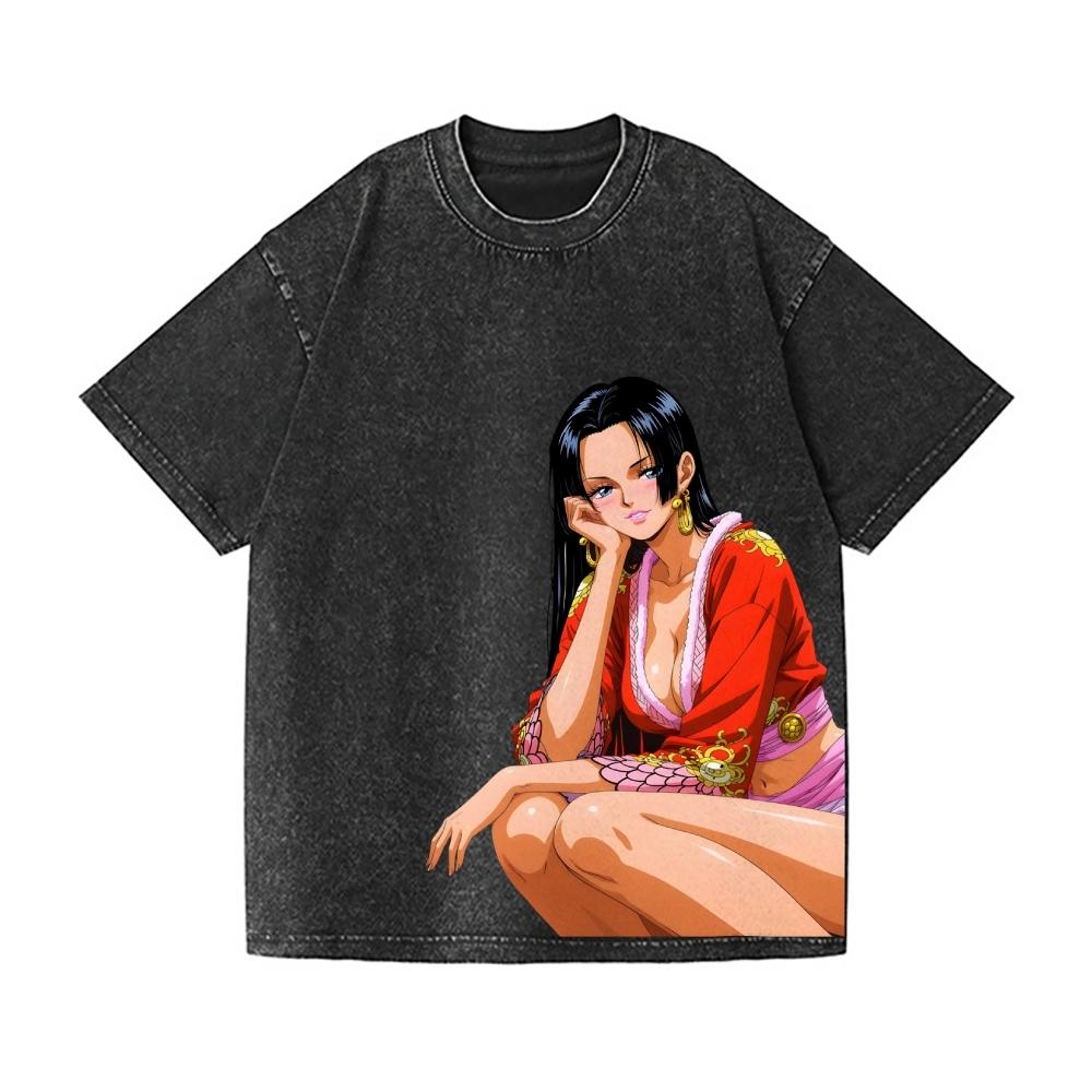 ONE PIECE Boa Hancock Vintage Wash Japanese Design T-Shirt High-quality Streetwear Men's Clothing Women T Shirt