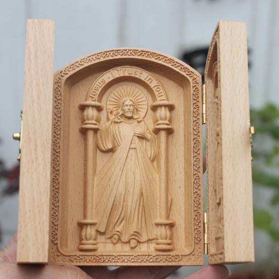 Hölzerne Jesus-Statue Handgefertigtes Mini-Triptychon Himmel Christliche Dekoration Religiöses Geschenk für Zuhause Büro Kirche Schule Dekoration