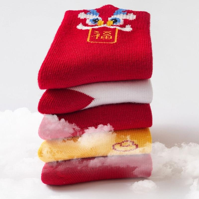 5 Pairs Breathable Infant Socks Fun Cartoon Prints Moisture Wicking New Year'S Socks For Daily Activities