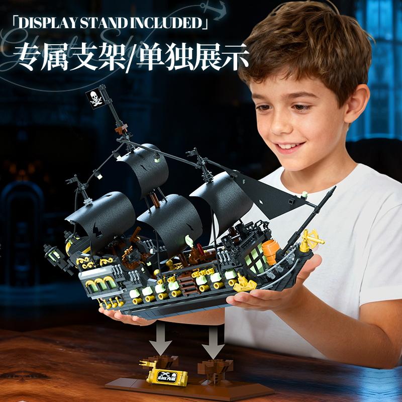 Kreatives Leuchtendes Piratenschiff Bausteine Kleine Partikelsteine Kinderspielzeug Modellbauspielzeug Für Erwachsene Halloween-Geschenk