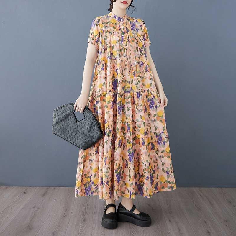 Cotton 2025 Summer Women's Loose Large Size Fashion Printed Long Dresses