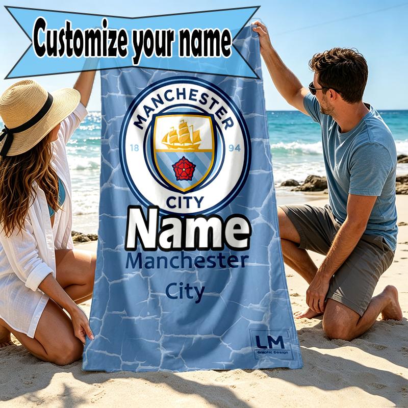 Custom Name Personalized Manchester City FC Print Beach Towel, for Trip Camping Beach Party Home Decor, Birthday Gift for Family & Friends
