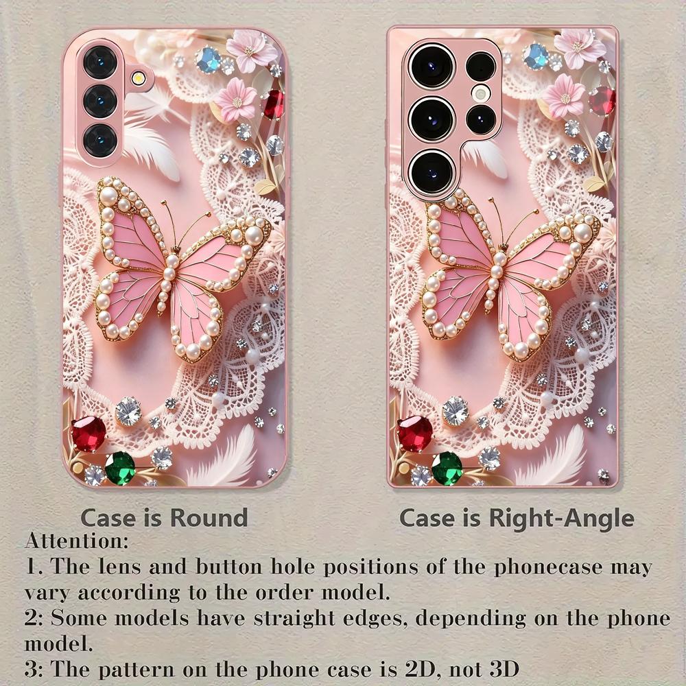 Pink 2D Butterfly Metallic Glass Phone Case Suitable for Samsung GalaxyS26 S25 S24 S22 S21 S20FE/Ultra/Plus Anti Drop Rear Cover