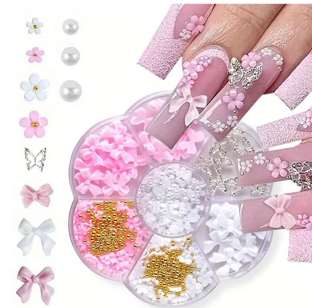 1 Box 3D Blumen Schleife Nagelkunst Dekorationen Set Rosa/Weiß Acryl Floral/Perlen Nagel Charm mit Wachsstift/Pinzette 4/6mm Nagelteil