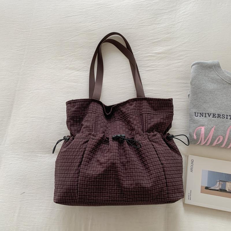 Relaxed Chic Tote Bag, Korean Plaid Drawstring Shoulder Bag, Soft Ruched Fabric With Large Capacity, Women Casual Shopping Bag