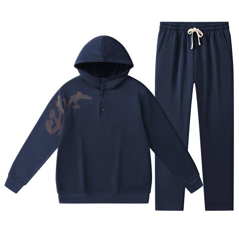 European Men's Two-piece Hooded Sweatshirt, Long Pants with Plush Insulation, Loose Casual Sports Suit