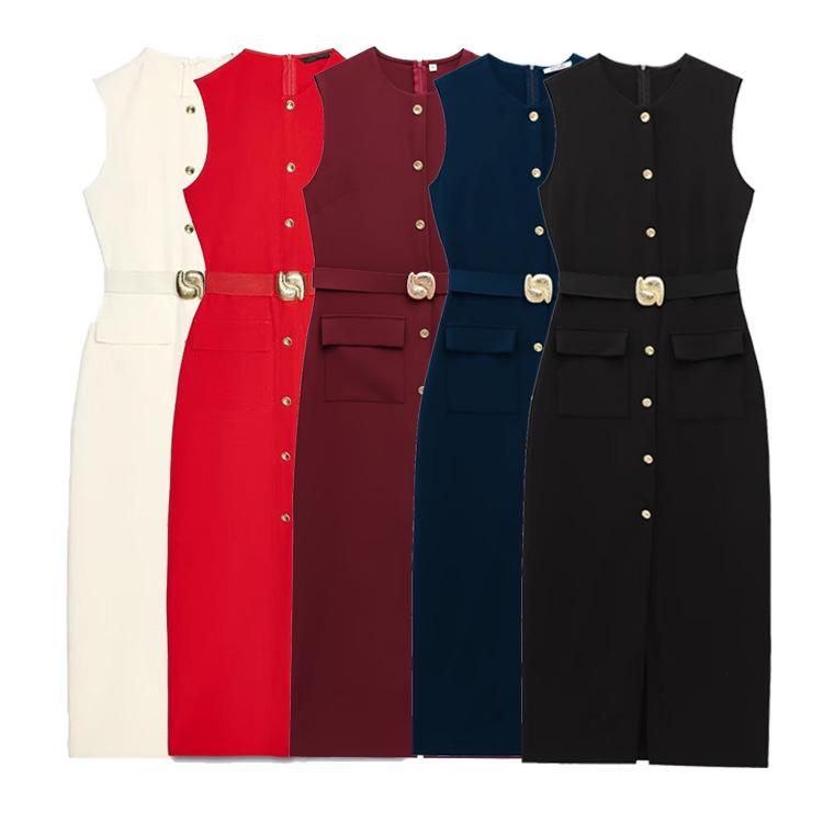 Women's European and American Style Sleeveless Midi Dress with Belt - Sexy Crew Neck for Spring