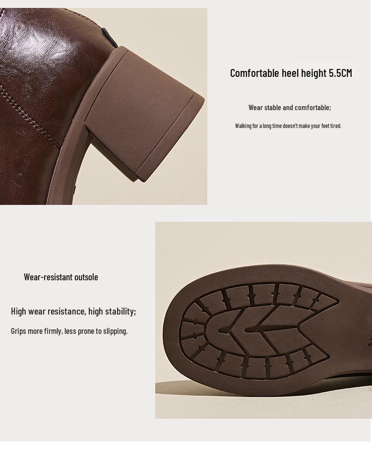 Fall/Winter Women's Thick-Soled Genuine Leather Skinny Boots, Korean-Style Back Zipper Martin Boots, Slip-On Casual Shoes