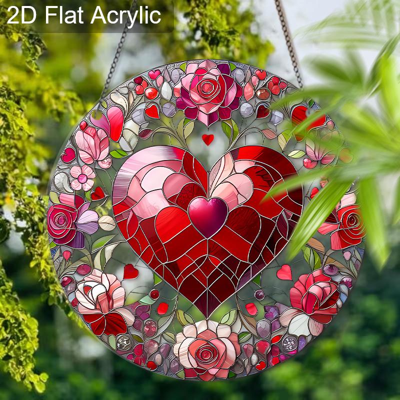 Acrylic Heart & Roses Suncatcher, Stained Glass Effect Window Hanging Ornament for Love & Valentine's Day Lover Gifts