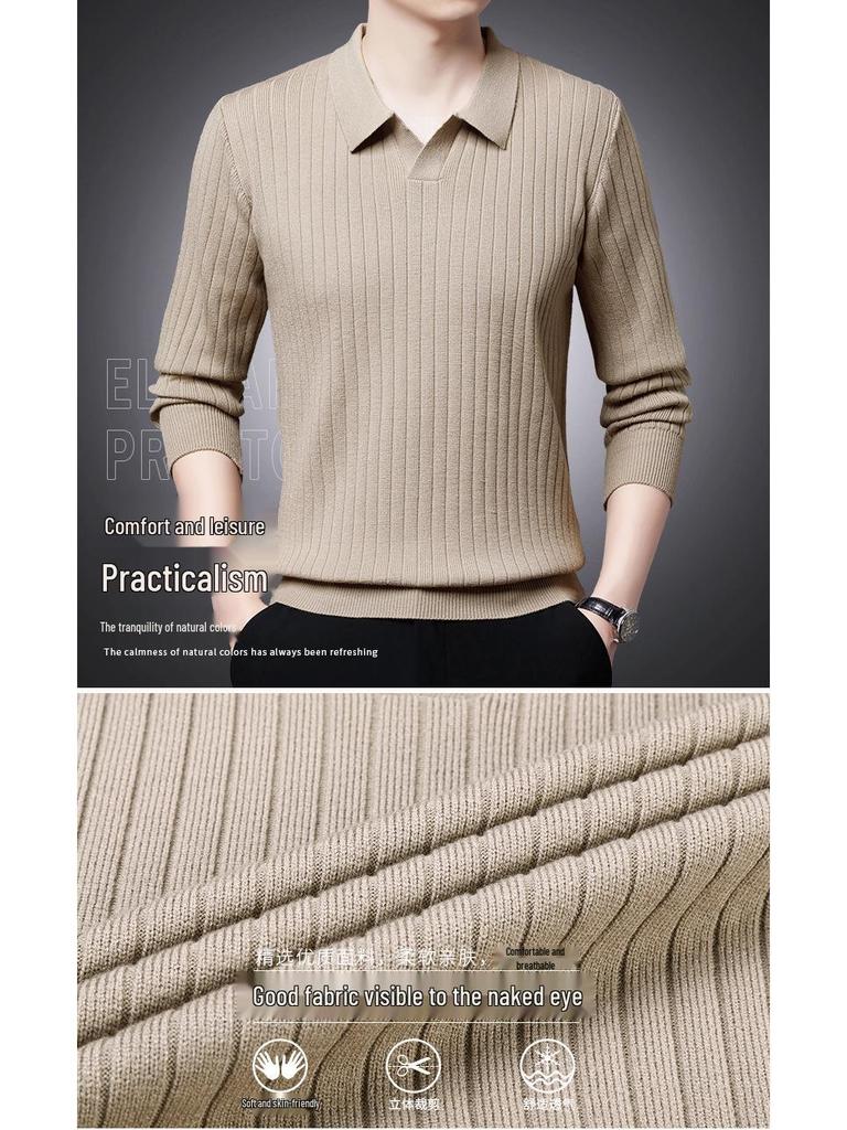 Autumn Winter 2025 Versatile Men's Knit Pullover Sweater - Long Sleeve Lapel Style for Casual Business Fashion