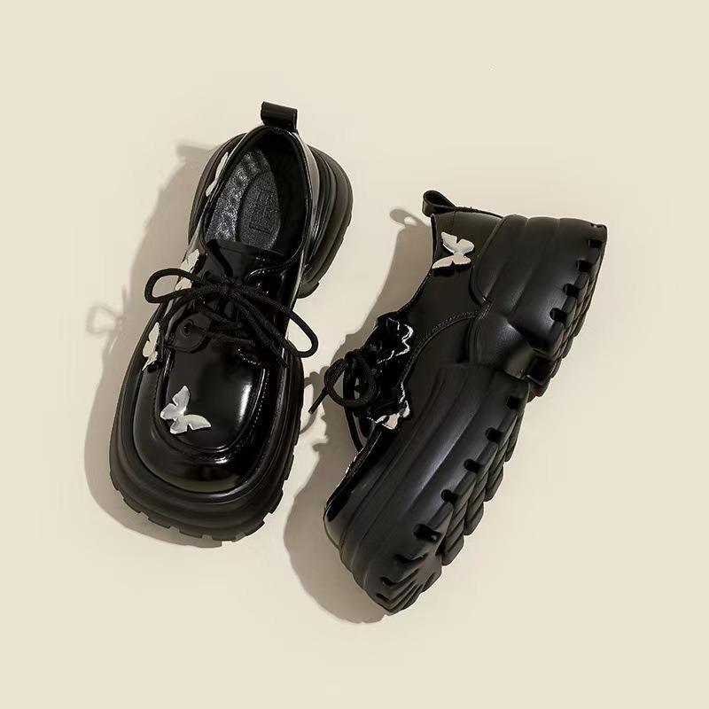

Niche big head muffin thick sole women s college style metal butterfly sports single shoes heightening lace-up small leather shoes 35 чёрный