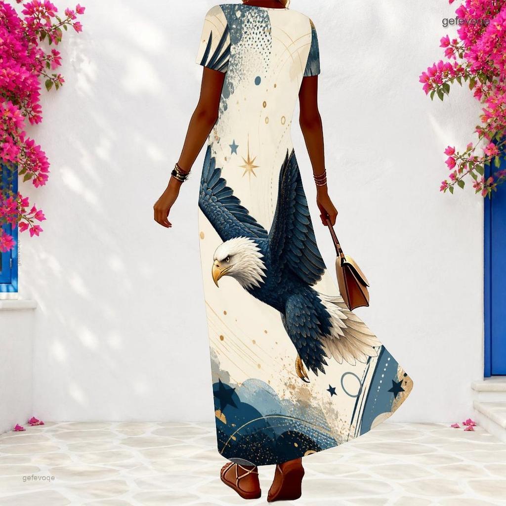 Women Plus Size V Neck Short Sleeve Galaxy Star Printed Maxi Dress