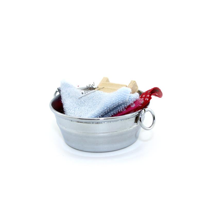 Gnome Accessories, Dollhouse Accessories Miniature Dolls Decorations, Mini Dollhouse Miniature Doll Playset Bathroom Washtub with Washboard Towel Set