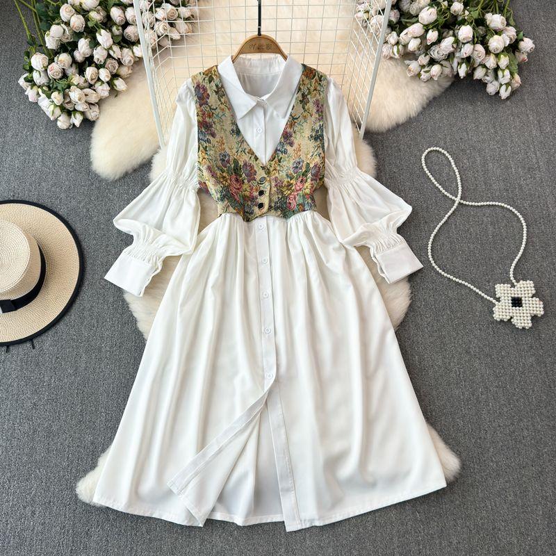 

Gentle Lantern Sleeve Dress Vest Coat Shirt White shirt + floral vest All yards