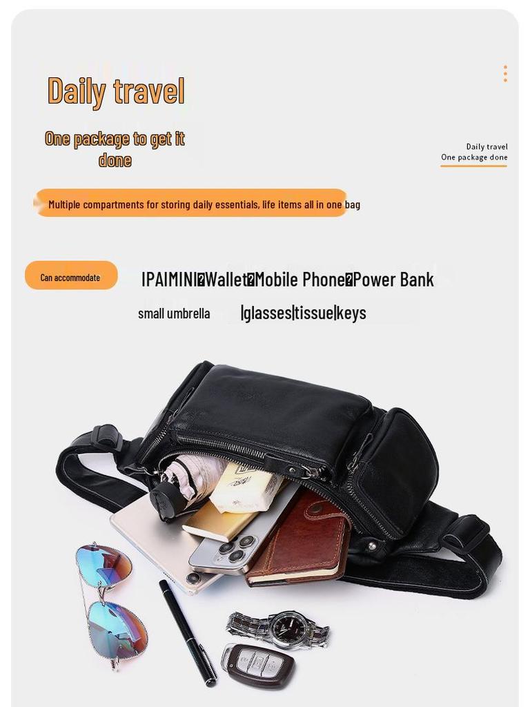 Bolsa Masculina Multicamadas de Couro Genuíno para Cintura, Peito, Ombro e Transversal para Ciclismo