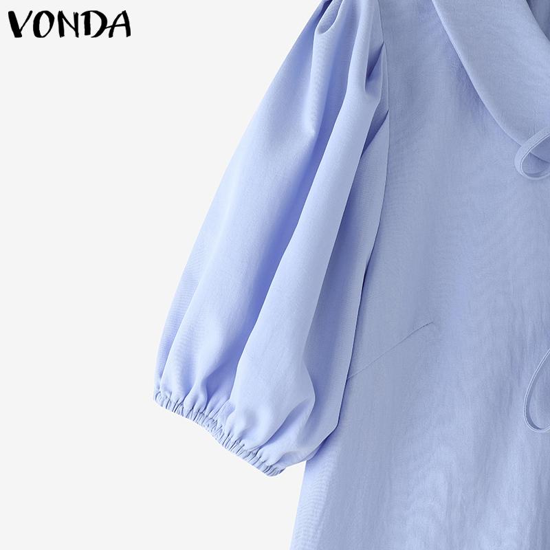 VONDA Women Summer Doll Collar Short Sleeve Bow Knot Splits Casual Cute Blouse
