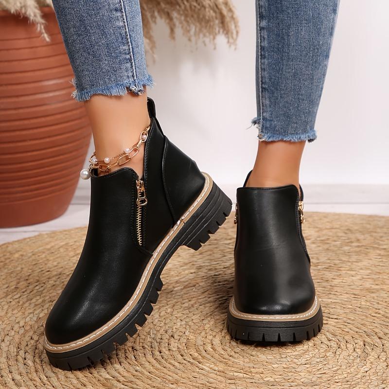 Women's Autumn/Winter New Chunky Sole Slip-Resistant Comfortable Low Heel Round Toe Side Zipper Closed Short Boots, Fashionable High-End Women's Shoes