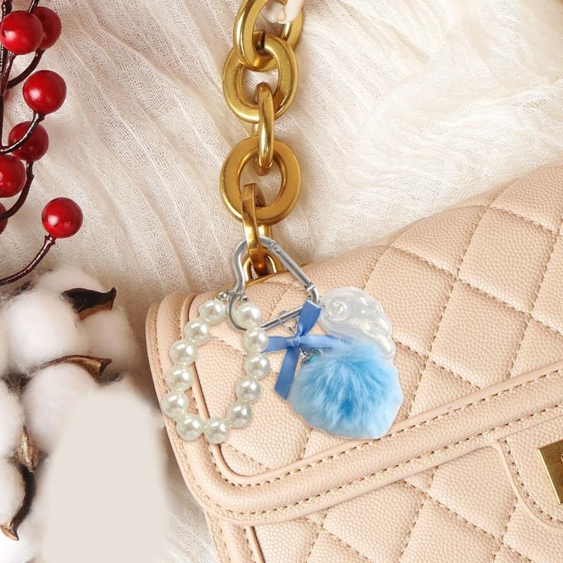 Elegant Pearls Pompoms Wing Keychain Winter Stylish Bag Charm Phone Ornament Fashion Accessory Gift For Her