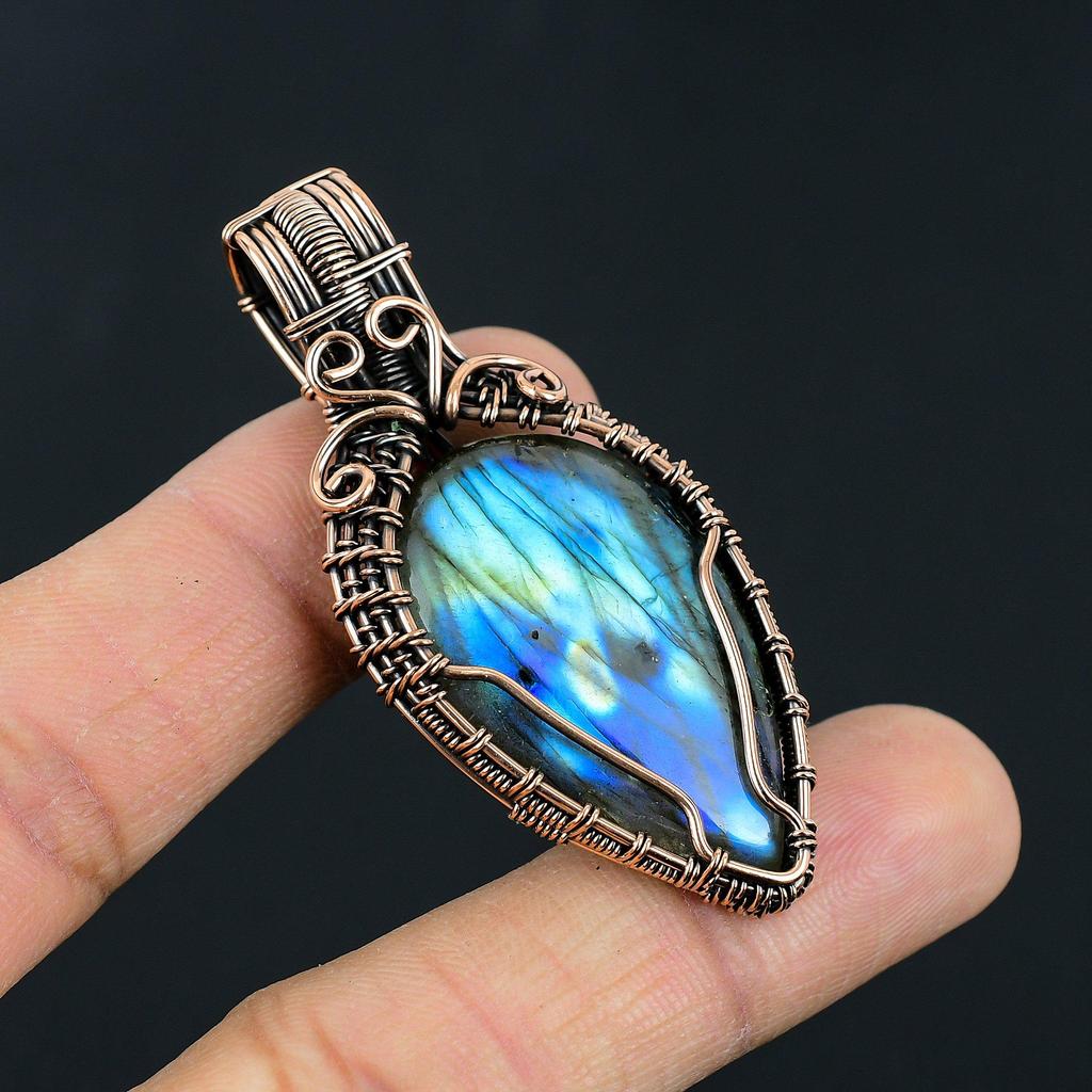 Handmade Copper Wire Wrapped Labradorite Pendant Necklace - Natural Blue Flash Gemstone Jewelry Unique Boho Statement Gift for Her