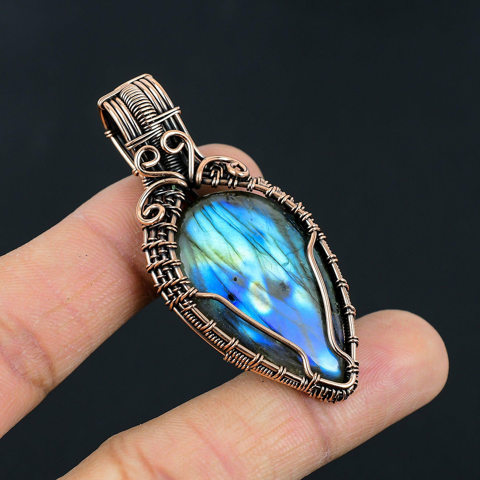 Ручная работа, подвеска-ожерелье с лабрадоритом, оплетенная медной проволокой - Натуральный синий камень с flashes, уникальное бохо-украшение, подарок для нее