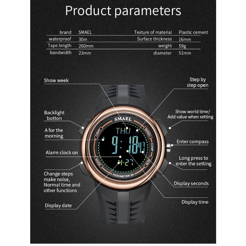 SMAEL Multifunctional Electronic Watch Outdoor Waterproof Compass Sports Countdown Student Watch