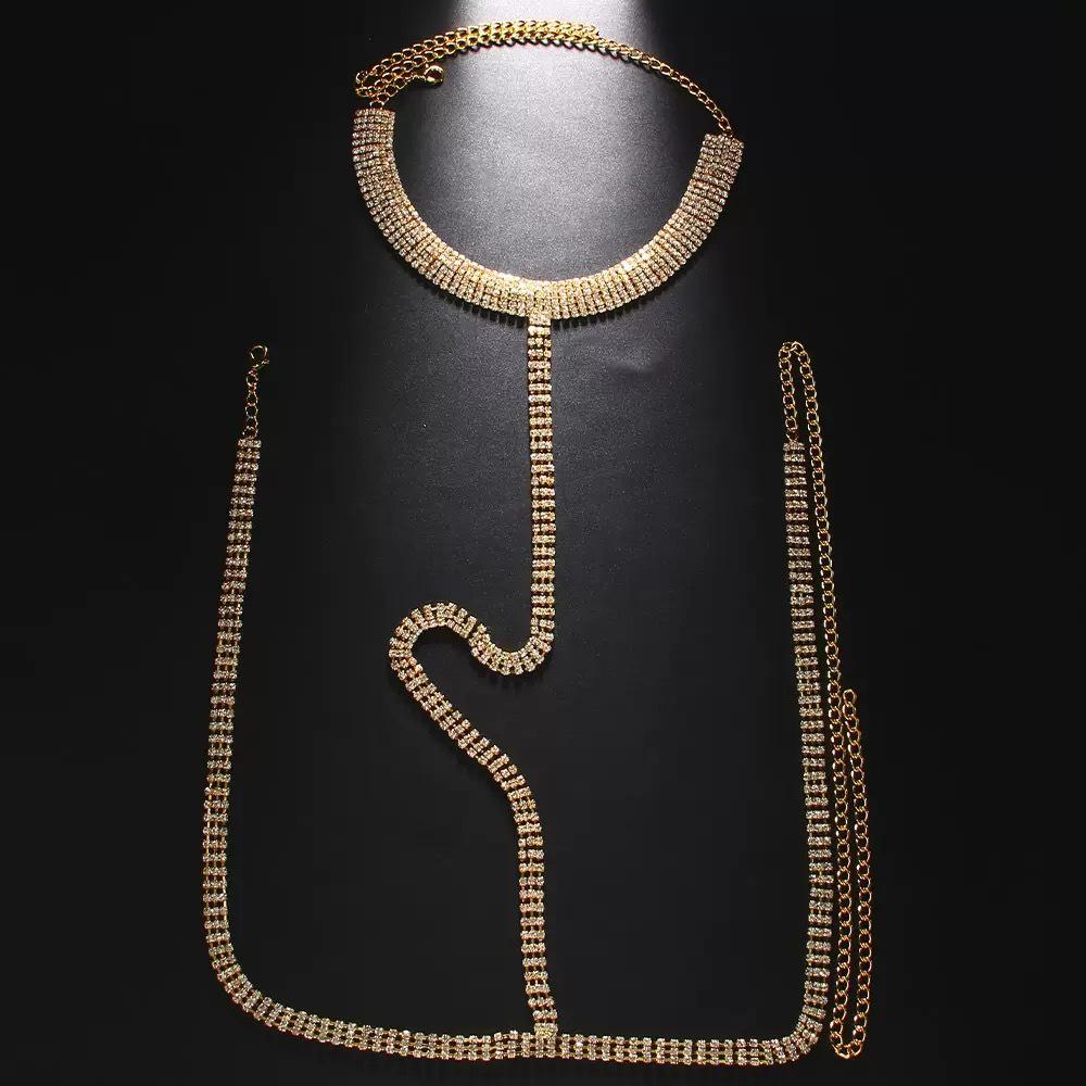 Sleek Rhinestone Multi-Layer Chest and Bikini Body Chain золотой