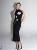 French Bandage Dress: Elegant Sleeveless Evening Gown with Hip-Hugging Long Skirt & 3D Floral Accents.