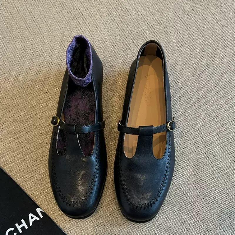 Sheepskin~ Single Shoes Women's Shallow Mouth Flat Bottom Versatile Hollow T-band with Skirt Retro Mary Jane Shoes