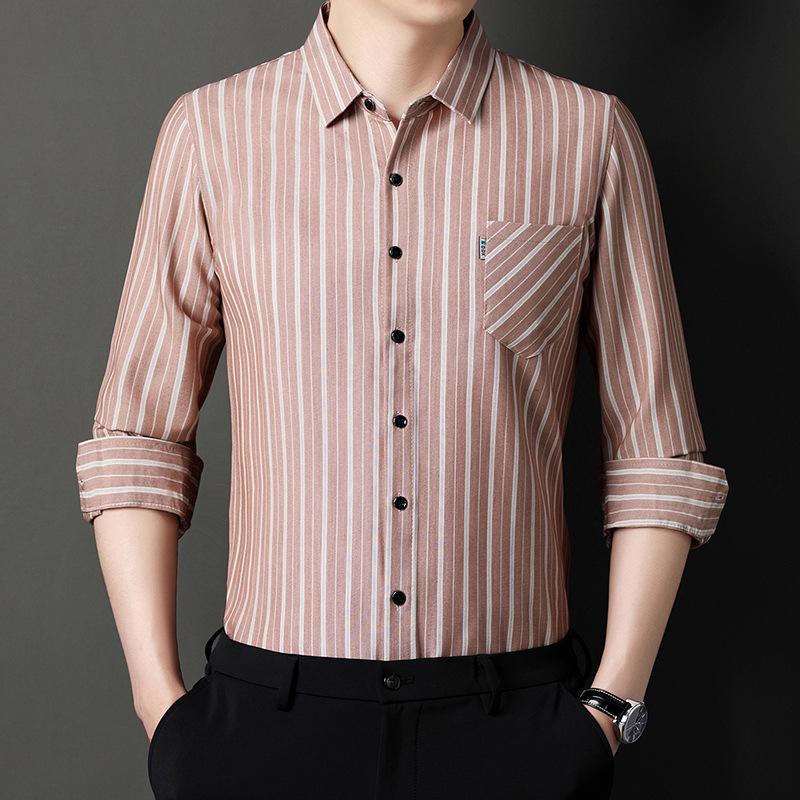 Spring and Autumn Men's Long-sleeved Cotton and Linen Shirts Middle-aged Striped Casual Men's Real Pocket Linen Shirts