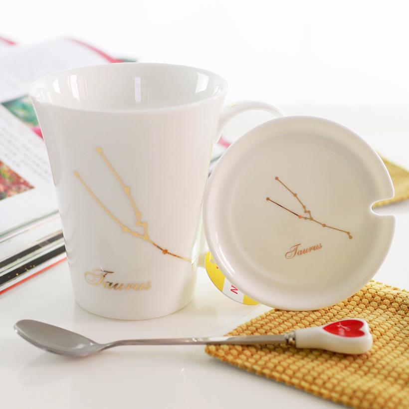Tierkreiszeichen Keramiktassen-Set: Stilvolle Sternbild-Tasse für Zuhause, Paare, Kaffee und Tee, komplett mit Deckel und Löffel.