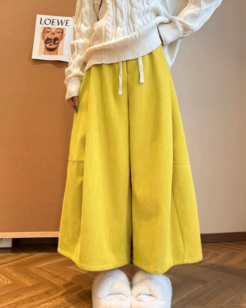 MTUIOY Corduroy Gaucho Warm and Comfortable for Fall and Solid Loose Fit Yellow Size L Women's Wide-leg Pants, Winter, Thick, Casual, Color, - -