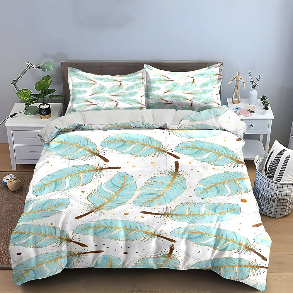 Light Blue Feather Print Bedding Bedding Duvet Cover Set Duvet Cover Pillowcases  (1 * Duvet Cover 2 * Pillowcases, without duvet insert)