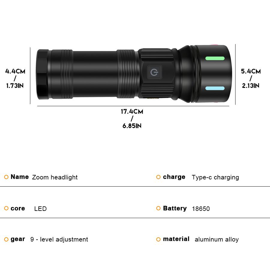 Super Bright 7070 LED Flashlight USB Rechargeable Tactical Zoom Flashlights with Red Yellow White Blue Light Spotlights Torch