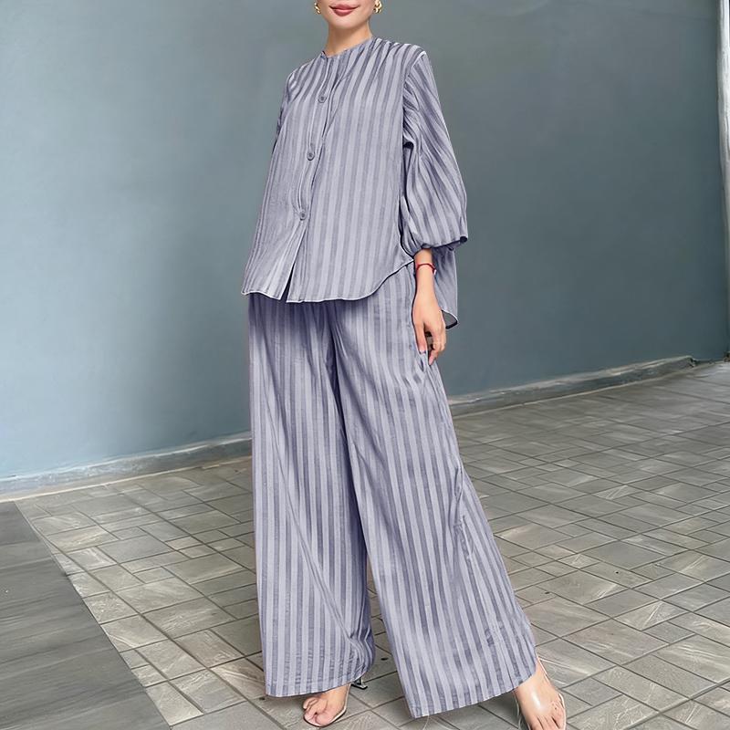 

ZANZEA Женская блузка с длинным рукавом и брюки Повседневный полосатый костюм-двойка S серый