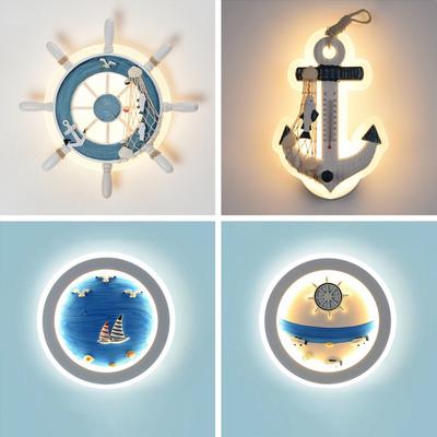 Wandleuchte im mediterranen Stil Ruder Junge Kinderzimmer Anker Dekoration Nachttischleuchte 27W LED Acryl Holz Cartoon Wandleuchte
