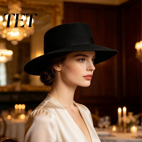 Chic Vacation Travel Hat Flat Top Fedora Hat, Wool Blend Derby Cap, Retro Jazz Polyester Warm Winter Cap Wide Brim Felt for Women, Events & Daily Wear