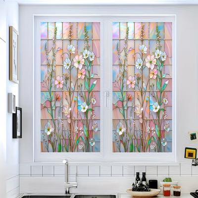 Floral Window Privacy Film Day Night Privacy Protection Static Window Cling Removable Decorative Waterproof Privacy Film for Bathroom Bedroom