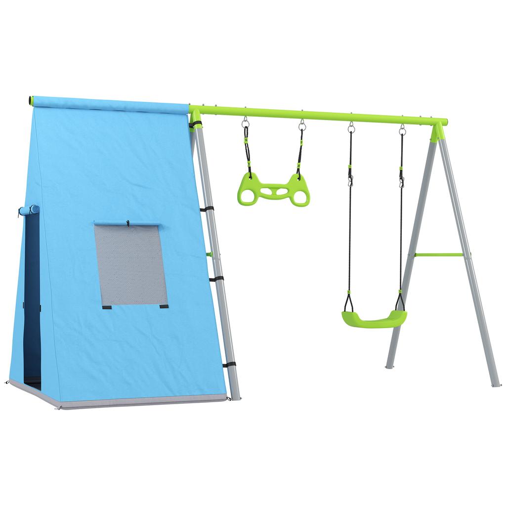 3-in-1 Swing Set, Play Tent, Swing, Gymnastic Rings, Metal, Plastic, Green